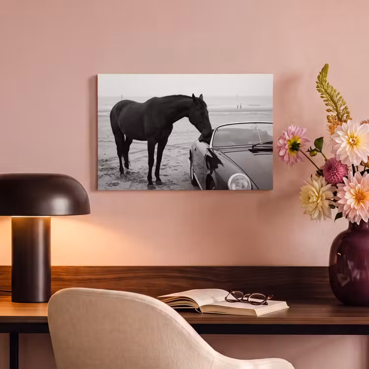 Canvas schilderij - Paard - Auto - Zwart - Wit — 4