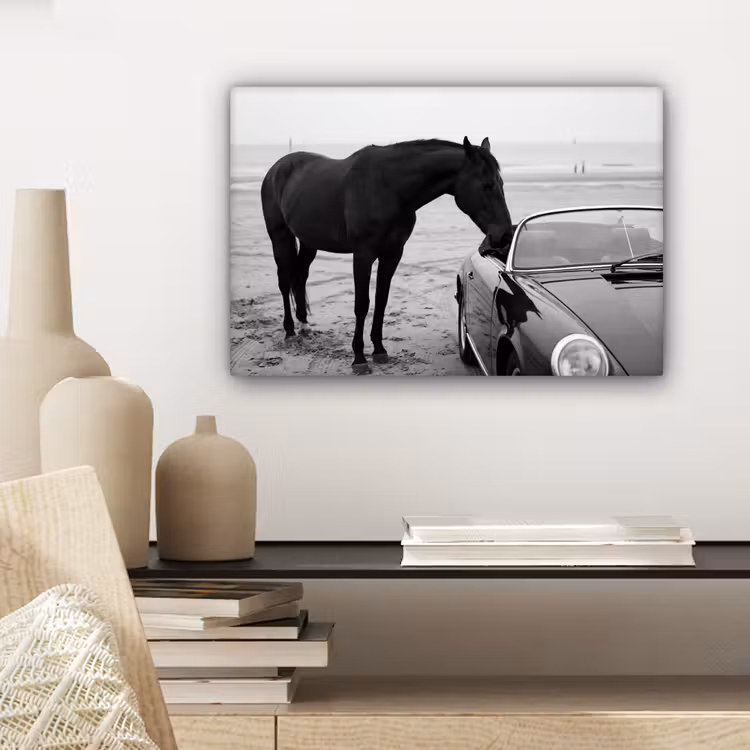 Canvas schilderij - Paard - Auto - Zwart - Wit — 5