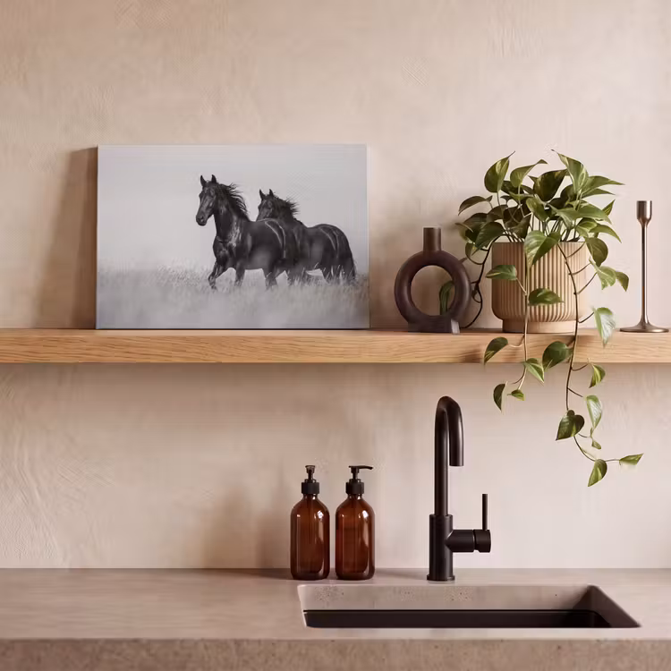 Canvas schilderij - Paarden - Gras - Zwart - Wit — 3