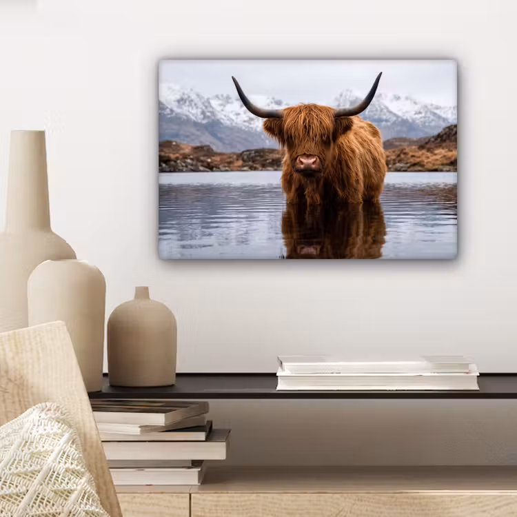 Canvas schilderij - Schotse hooglander - Bruin - Water — 5