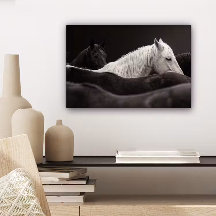 Canvas schilderij - Paarden - Zwart - Wit - Kudde — 5