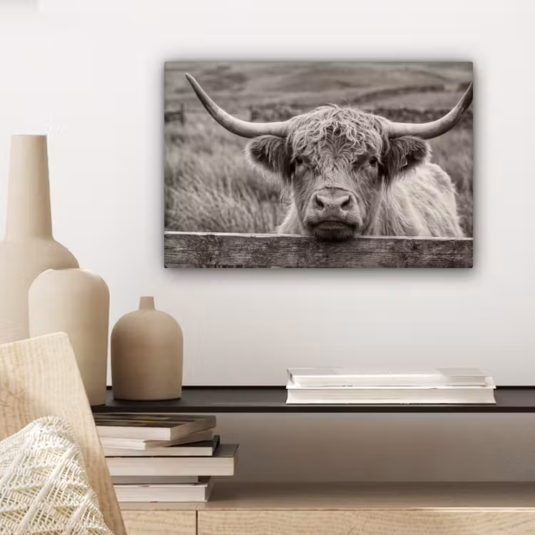 Canvas schilderij - Schotse hooglander - Zwart - Wit - Hout — 5