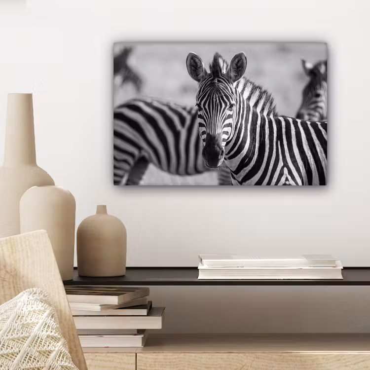Canvas schilderij - Zebra's - Zwart - Wit — 5