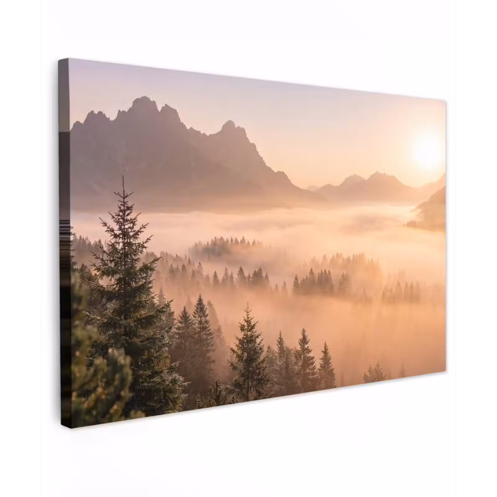 Canvas schilderij - Zonlicht - Mist - Bergen - Bomen — 1