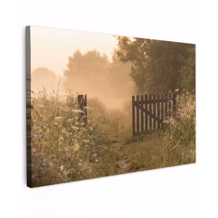 Canvas schilderij - Hek - Natuur - Mist - Veld — 1