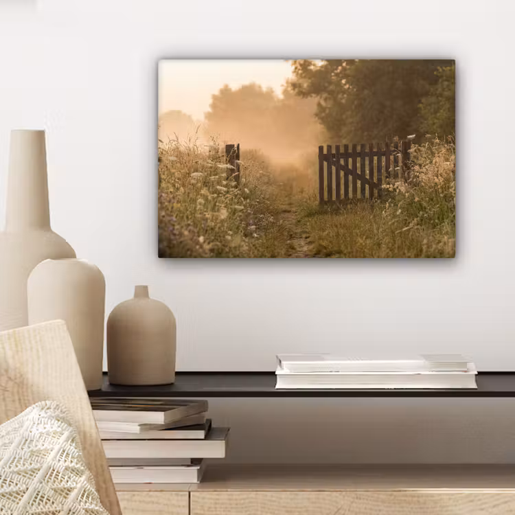 Canvas schilderij - Hek - Natuur - Mist - Veld — 5