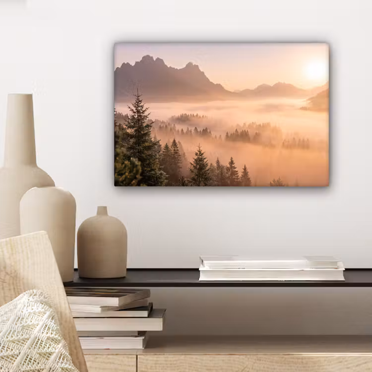 Canvas schilderij - Zonlicht - Mist - Bergen - Bomen — 5