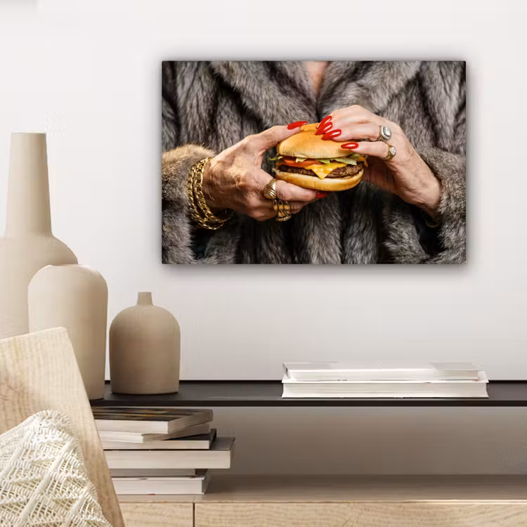 Canvas schilderij - Vrouw - Hamburger - Bontjas — 5