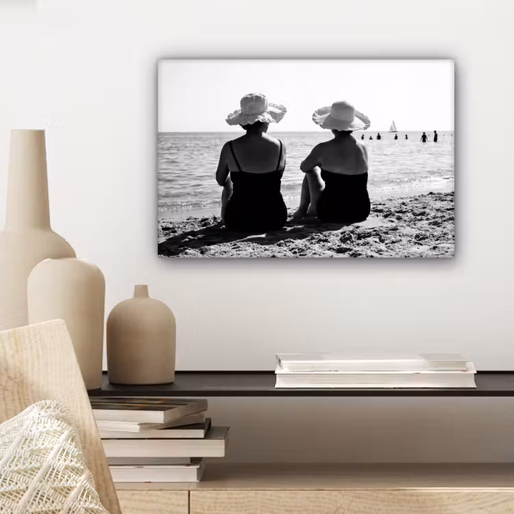 Canvas schilderij - Vrouwen - Zonnehoed - Strand - Zwart - Wit — 5