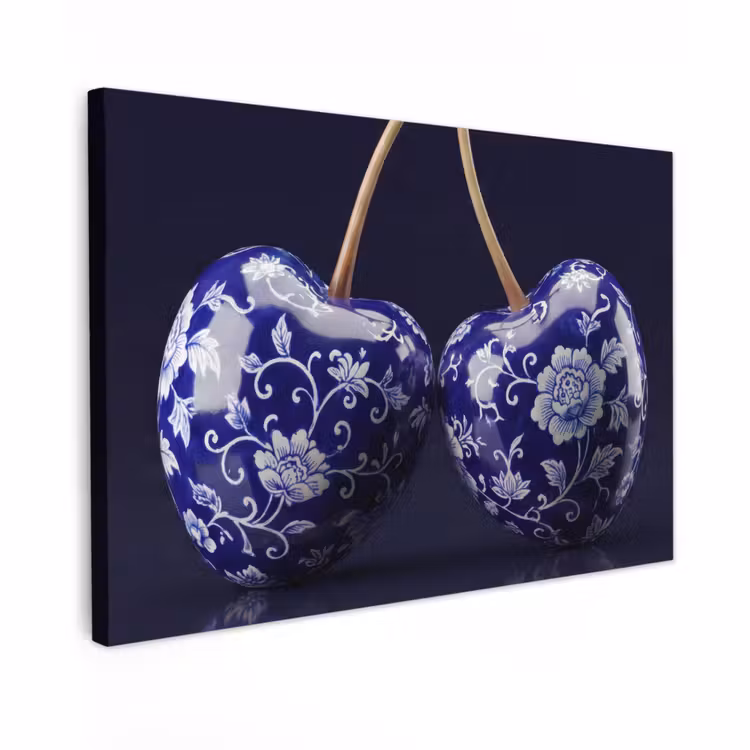 Canvas schilderij - Porselein- Kersen - Delfts - Blauw — 1