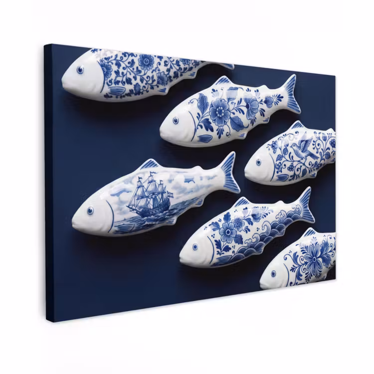 Canvas schilderij - Vissen - Delfts - Blauw - Keramiek — 1