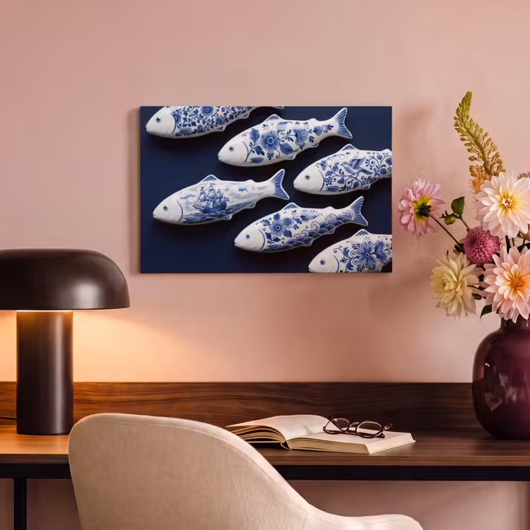 Canvas schilderij - Vissen - Delfts - Blauw - Keramiek — 4