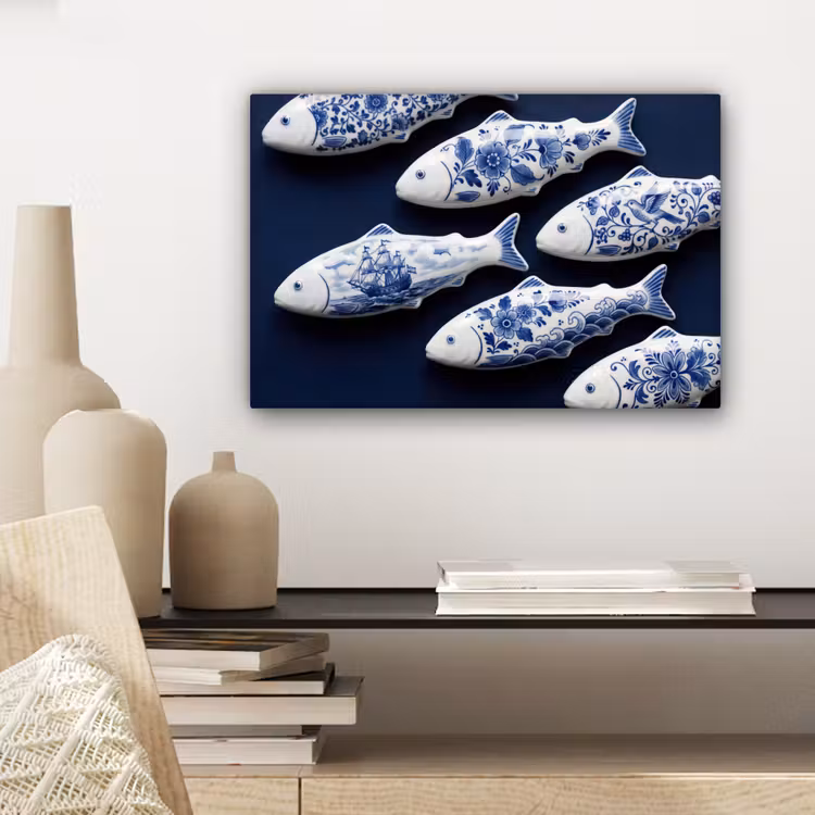 Canvas schilderij - Vissen - Delfts - Blauw - Keramiek — 5