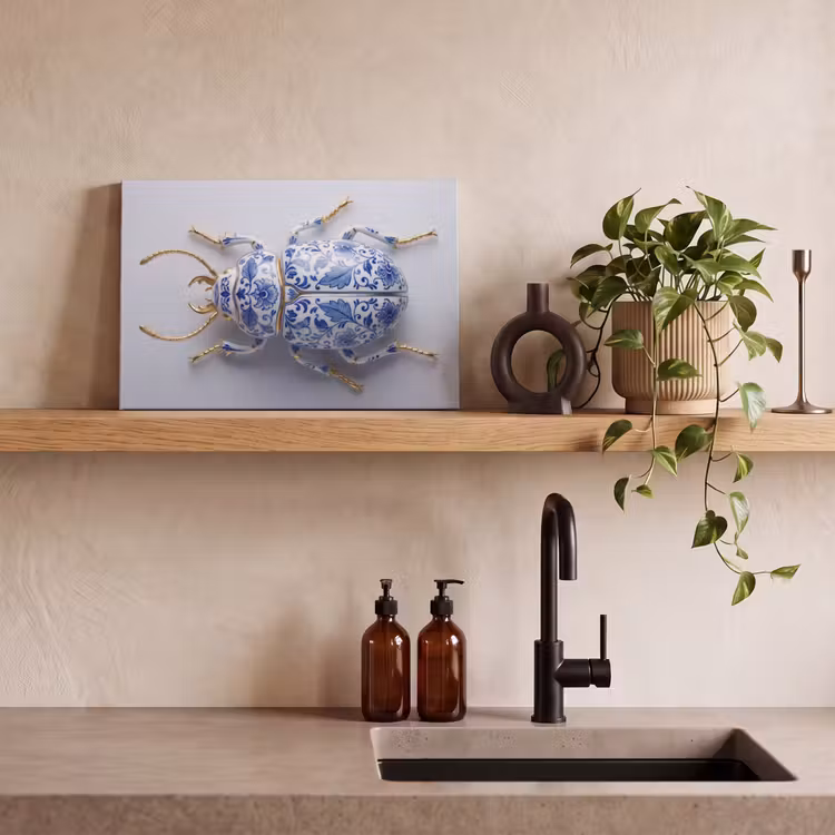 Canvas schilderij - Kever - Delfts - Blauw - Goud — 3