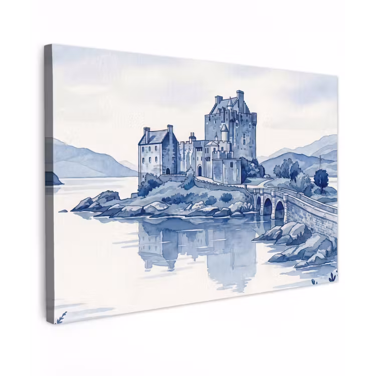 Canvas schilderij - Schots - Kasteel - Blauw - Aquarel — 1