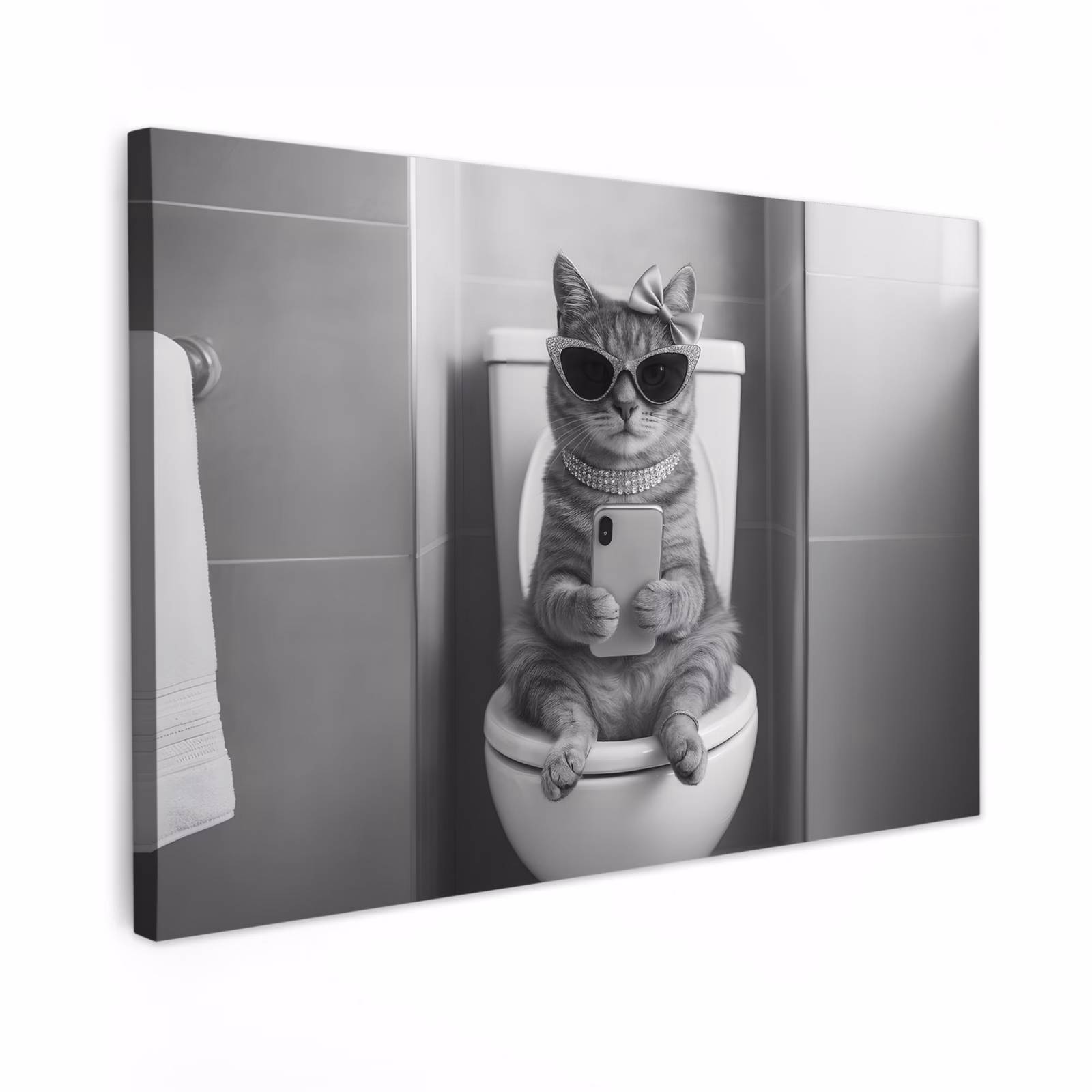Canvas schilderij - Kat - Telefoon - Toilet - Zwart - Wit — 1