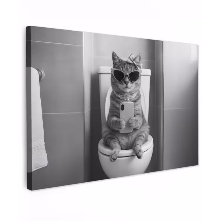 Canvas schilderij - Kat - Telefoon - Toilet - Zwart - Wit — 1