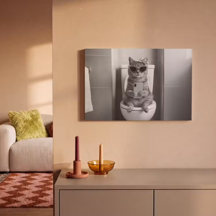 Canvas schilderij - Kat - Telefoon - Toilet - Zwart - Wit — 2