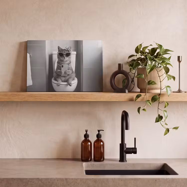 Canvas schilderij - Kat - Telefoon - Toilet - Zwart - Wit — 3