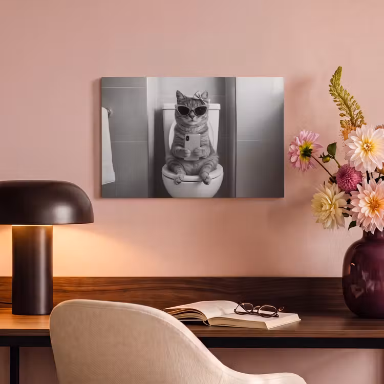 Canvas schilderij - Kat - Telefoon - Toilet - Zwart - Wit — 4