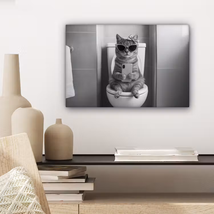 Canvas schilderij - Kat - Telefoon - Toilet - Zwart - Wit — 5