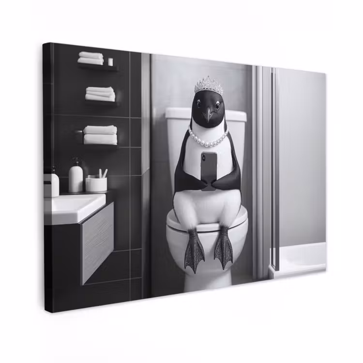 Canvas schilderij - Pinguïn - Telefoon - Toilet - Zwart - Wit — 1