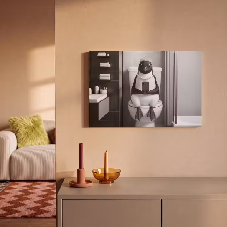 Canvas schilderij - Pinguïn - Telefoon - Toilet - Zwart - Wit — 2