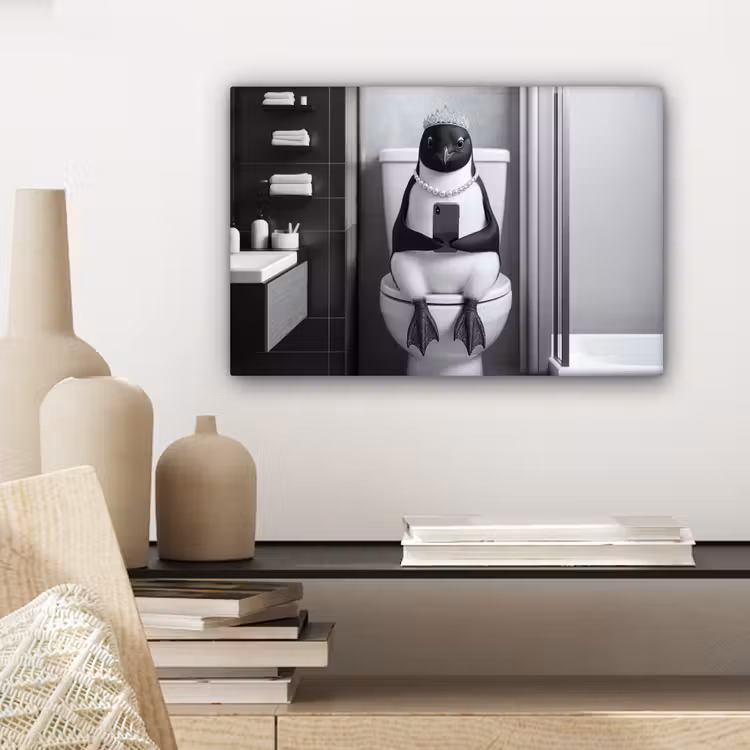 Canvas schilderij - Pinguïn - Telefoon - Toilet - Zwart - Wit — 5