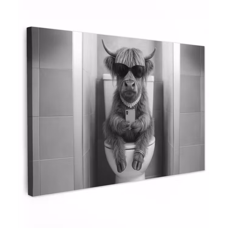 Canvas schilderij - Stier - Telefoon - Toilet - Zwart - Wit — 1