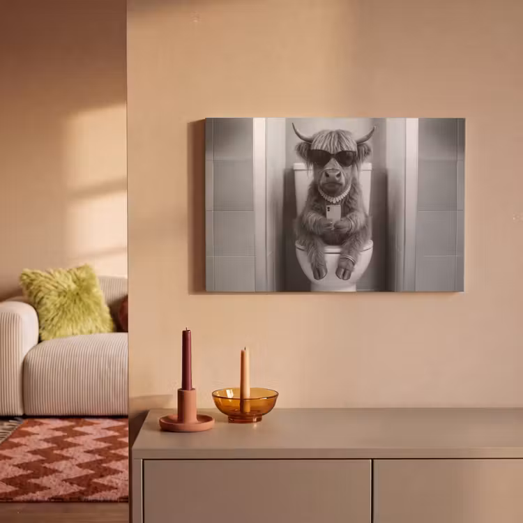 Canvas schilderij - Stier - Telefoon - Toilet - Zwart - Wit — 2