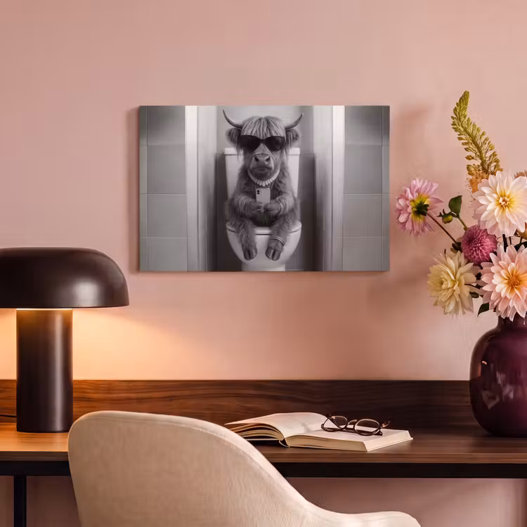 Canvas schilderij - Stier - Telefoon - Toilet - Zwart - Wit — 4