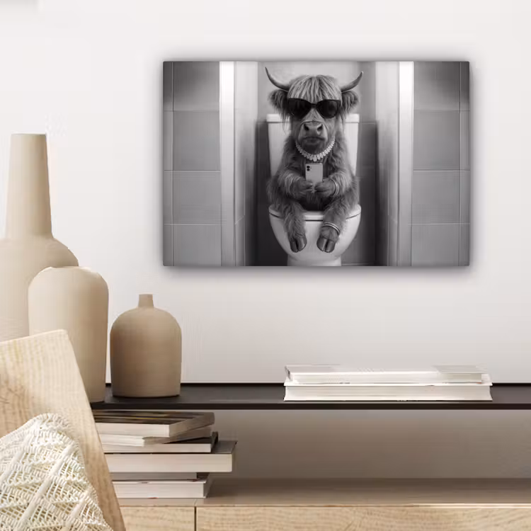 Canvas schilderij - Stier - Telefoon - Toilet - Zwart - Wit — 5
