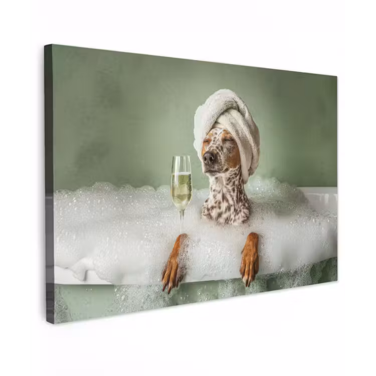 Canvas schilderij - Hond - Bad - Champagne - Handdoek — 1