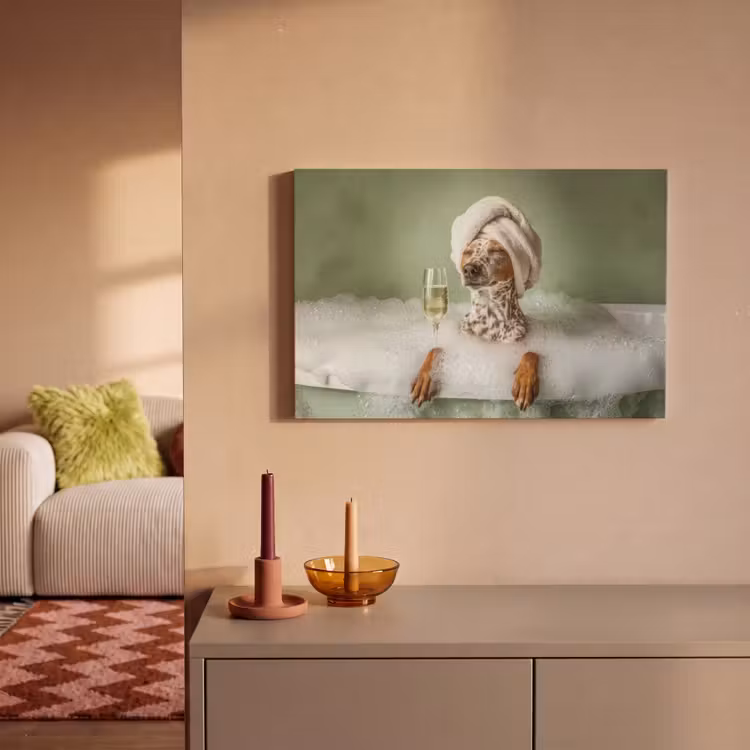 Canvas schilderij - Hond - Bad - Champagne - Handdoek — 2