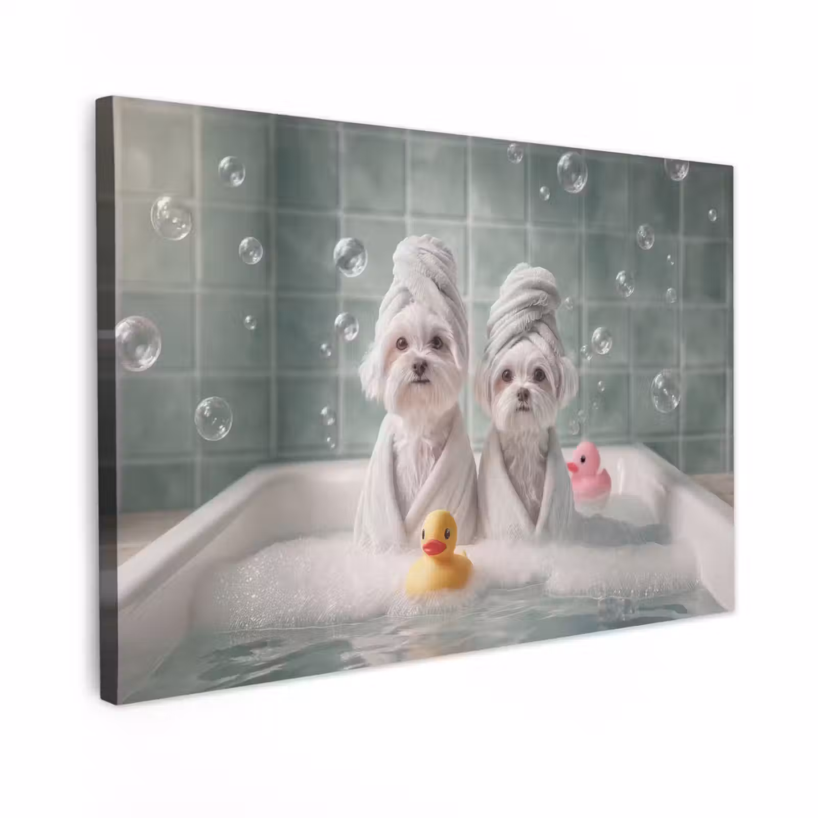 Canvas schilderij - Hondjes - Badkuip - Badeendjes - Handdoeken — 1