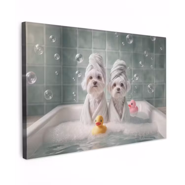 Canvas schilderij - Hondjes - Badkuip - Badeendjes - Handdoeken — 1