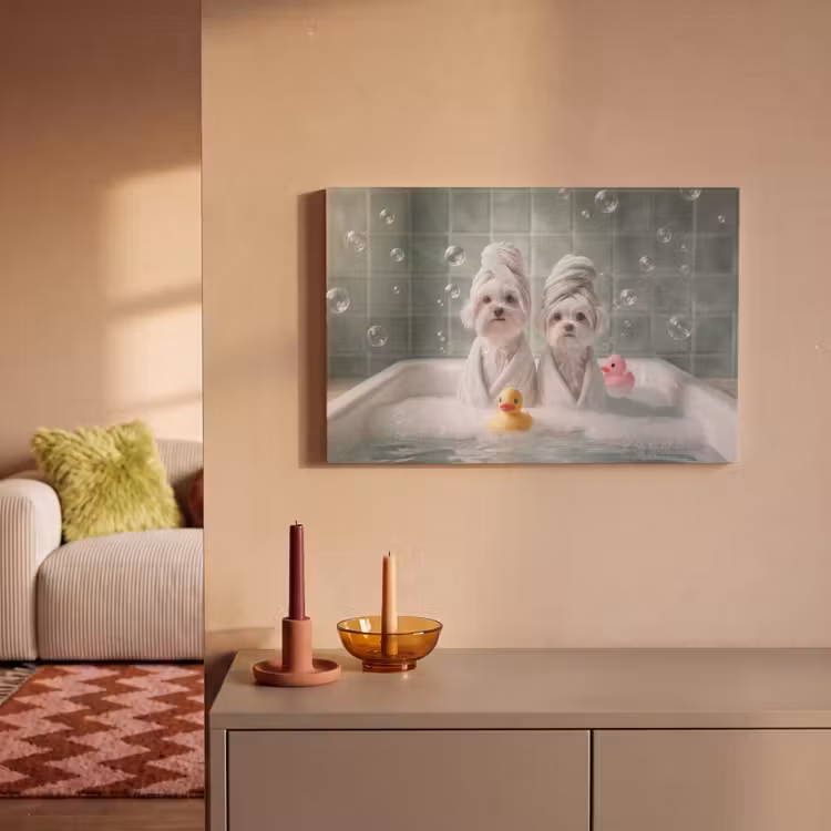 Canvas schilderij - Hondjes - Badkuip - Badeendjes - Handdoeken — 2