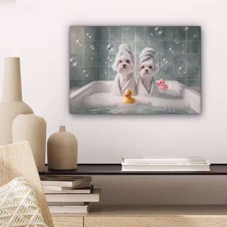 Canvas schilderij - Hondjes - Badkuip - Badeendjes - Handdoeken — 5