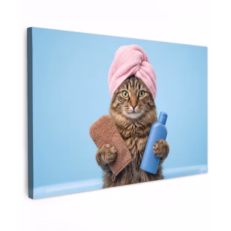 Canvas schilderij - Kat - Handdoek - Washand - Zeep — 1