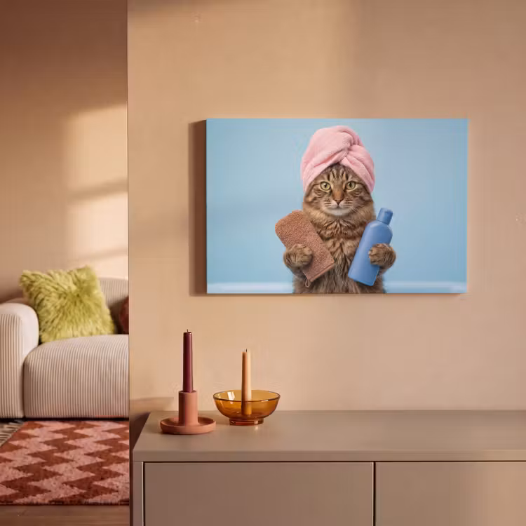 Canvas schilderij - Kat - Handdoek - Washand - Zeep — 2