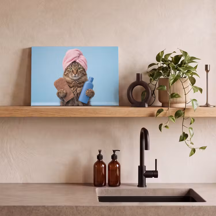 Canvas schilderij - Kat - Handdoek - Washand - Zeep — 3