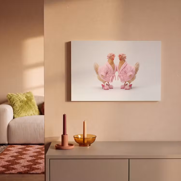 Canvas schilderij - Kippen - Badjas - Krukspelden - Hakken — 2