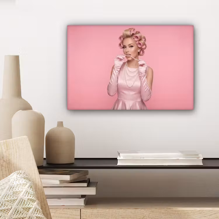Canvas schilderij - Vrouw - Roze - Parelketting - Krulspelden — 5