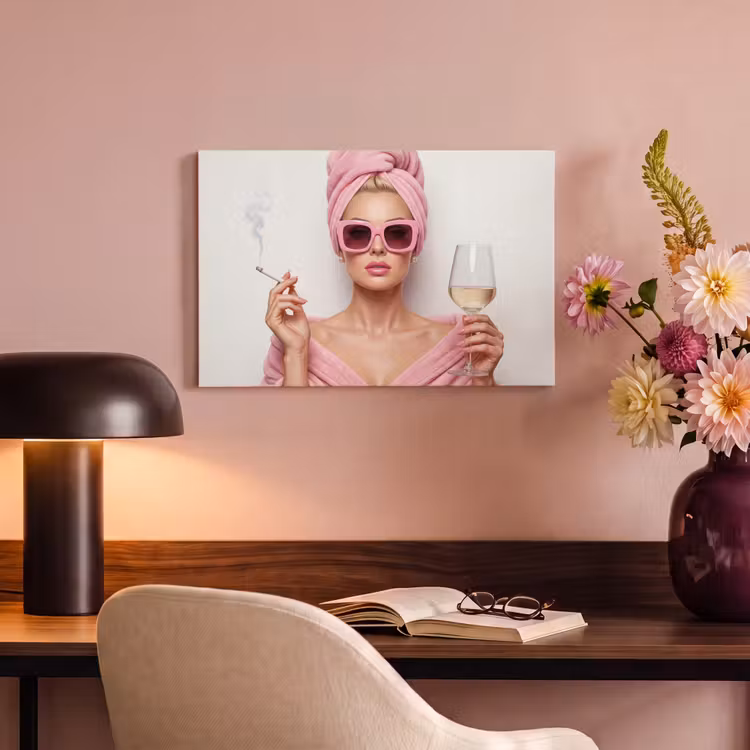 Canvas schilderij - Vrouw - Roze - Wijn - Zonnebril — 4