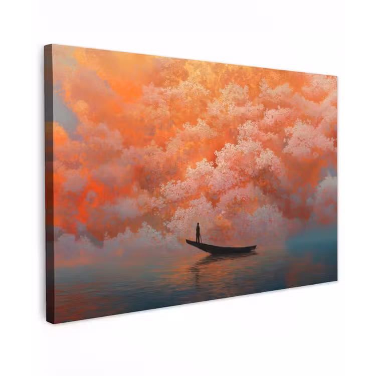 Canvas schilderij - Zee - Boot - Wolken - Oranje — 1
