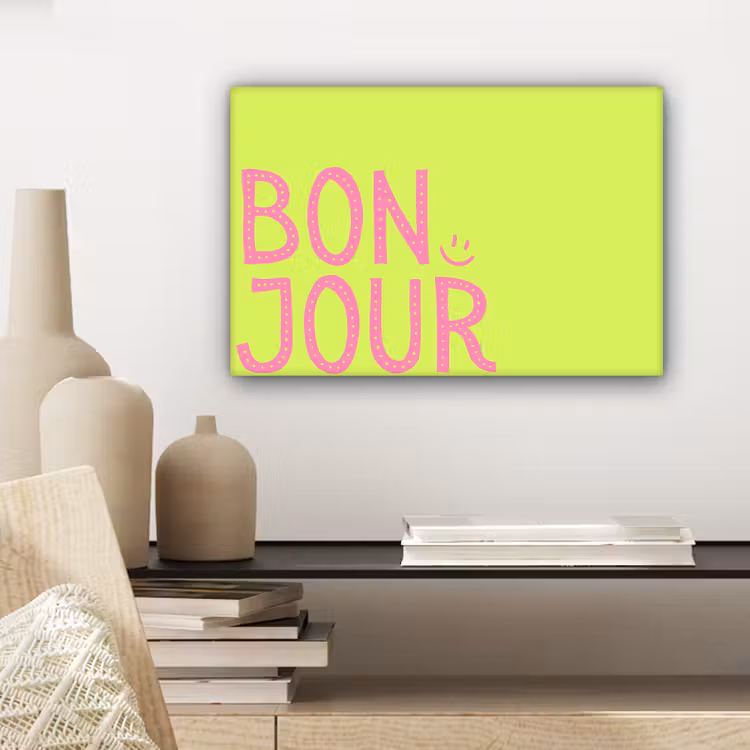 Canvas schilderij - Groen - Smiley - Bonjour - Roze — 5