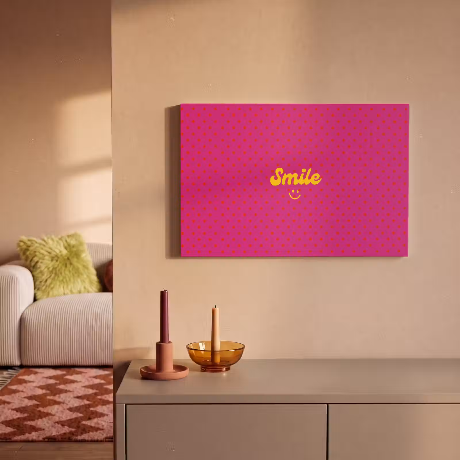 Canvas schilderij - Smile - Stippen - Geel - Smiley - Roze — 1