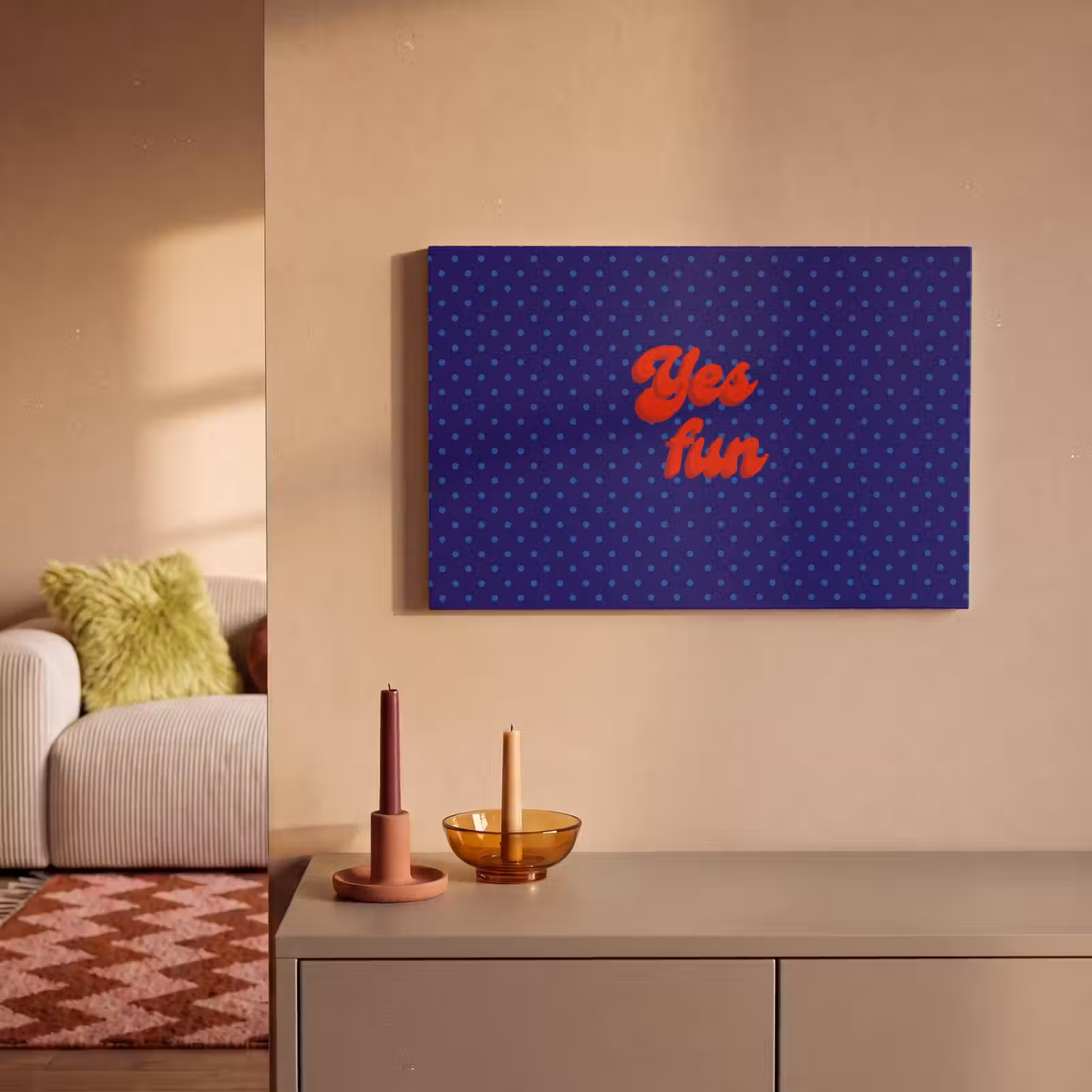 Canvas schilderij - Yes fun - Rood - Blauw - Stippen — 1