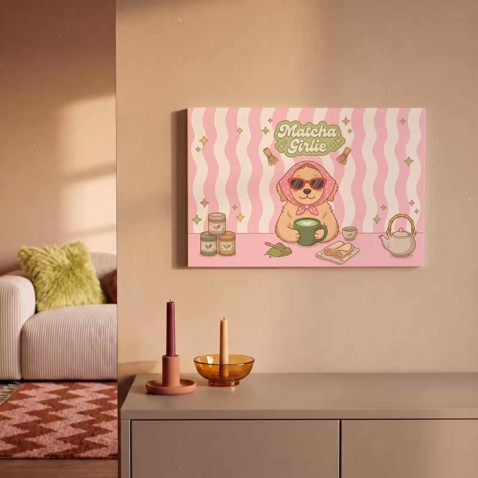 Canvas schilderij - Matcha - Hond - Roze - Groen — 1