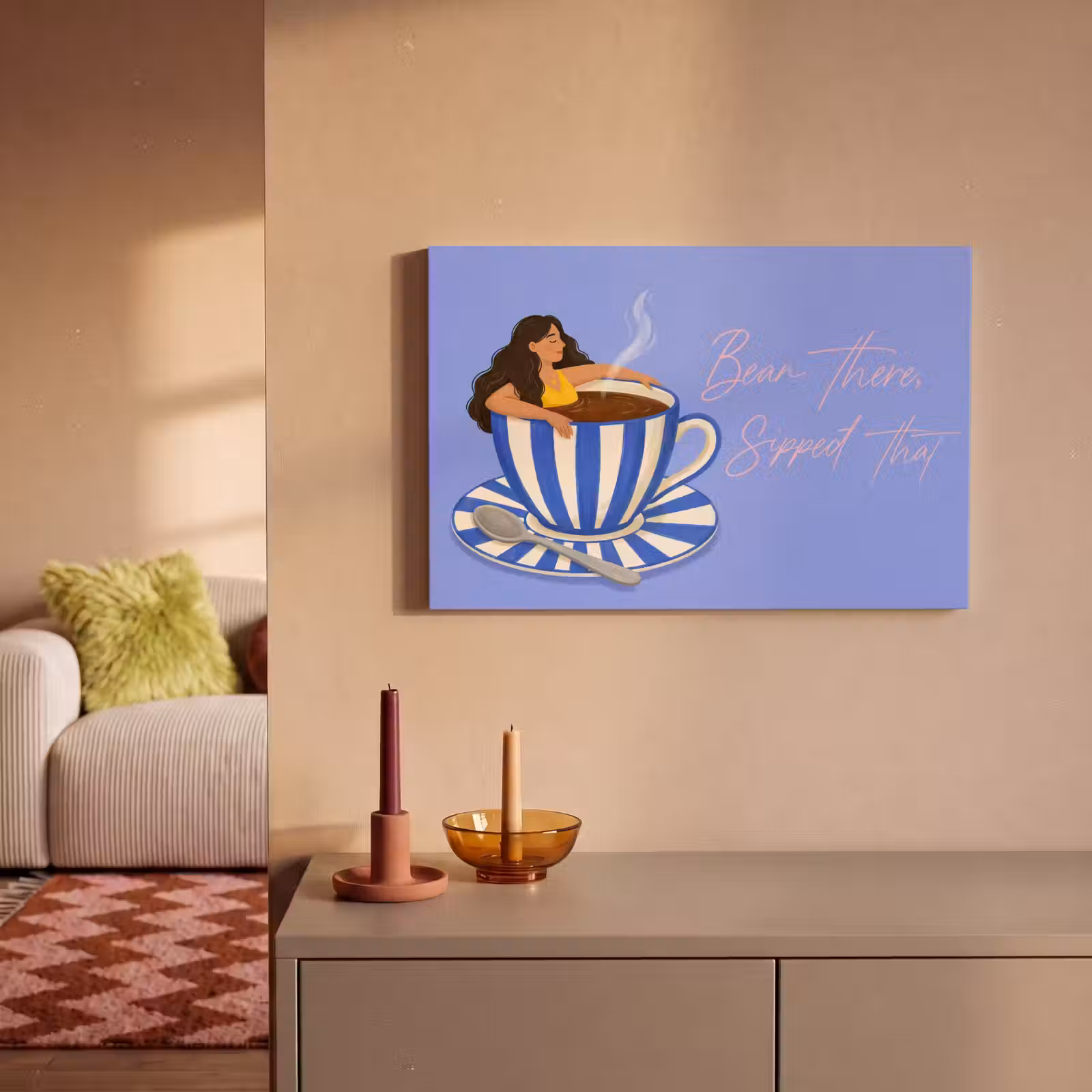 Canvas schilderij - Mok - Koffie - Vrouw - Paars — 1